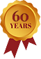 A gold badge with a ribbon at the bottom reads "60 YEARS" in the center. The text is bold and prominently displayed, celebrating a sixty-year milestone. The ribbon at the bottom is red, adding contrast to the gold badge.