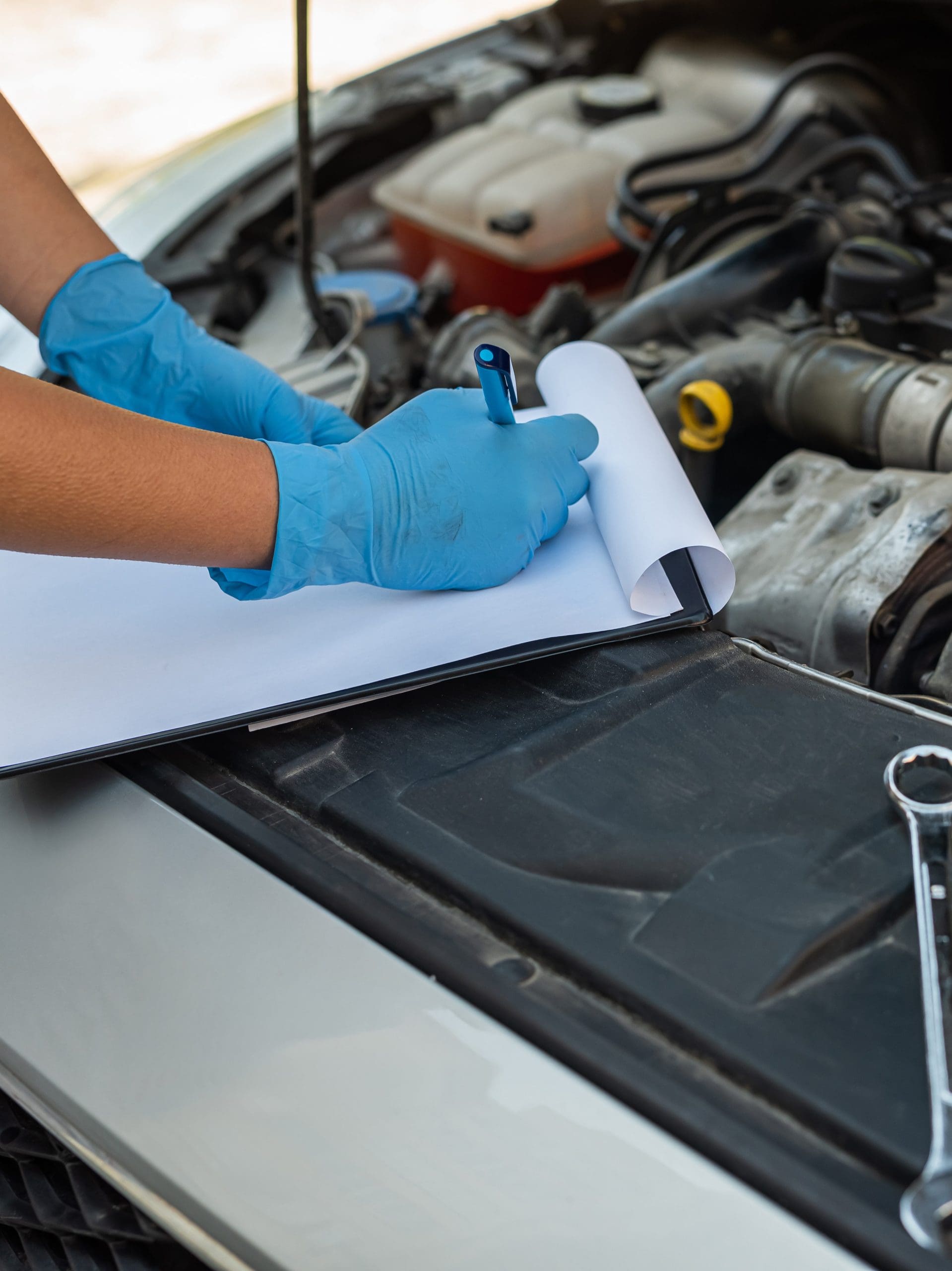 A person wearing blue gloves is writing on a clipboard while standing by the open hood of a car. Visible are the car's engine and a wrench placed on the edge of the hood. The person appears to be performing a vehicle inspection or maintenance.