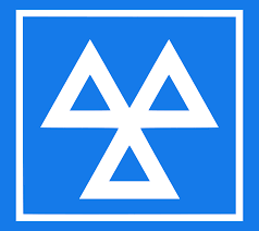 A blue square features a white symbol resembling an angular, geometric design with two intersecting triangles on top and an inverted triangle below. The symbol is commonly associated with vehicle inspection and roadworthiness.